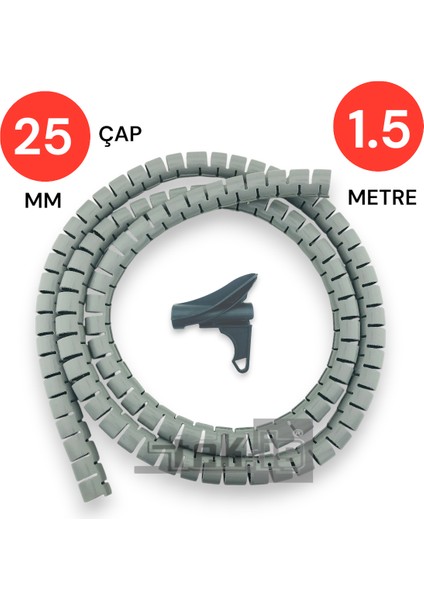 25MM 1,5 Metre Yarıklı Spiral Kablo Kanalı Hortum – Kablo Gizleme ve Izolasyon Borusu, Esnek Gri