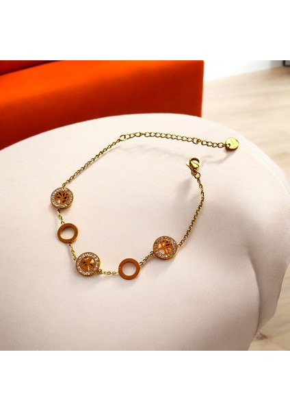 Taşlı Yuvarlak Mini Hayat Ağaçlı Çelik Bileklik