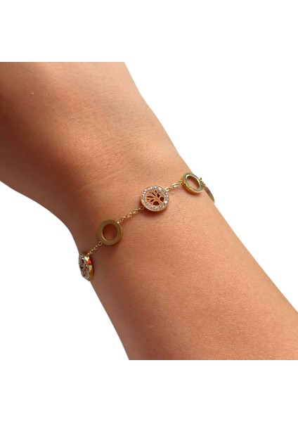 Taşlı Yuvarlak Mini Hayat Ağaçlı Çelik Bileklik fiyatları