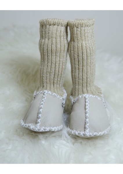 Bebek Unisex Organik Kuzu Derisi Ilk Adım Ayakkabısı Çoraplı Panduf Patik Beyaz Krem fiyatları