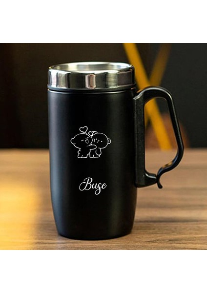 240 ml Kulplu Paslanmaz Çelik Ayıcık Baskılı Termos Bardak - Isı Yalıtımlı Kahve Kupası