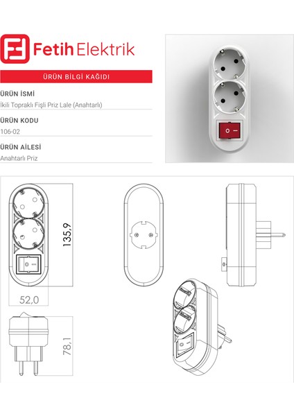 Ikili 2 Li Topraklı Fişli Priz Lale (Anahtarlı) 3600W Grup Priz, Fetih 106-02 fiyatları
