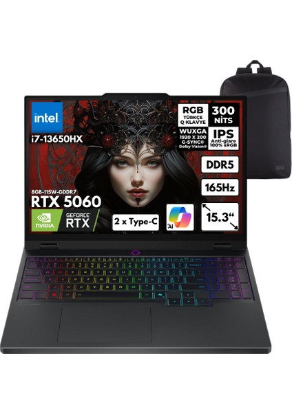 Legion 5 I7-13650HX 16-GB DDR5 4 TB SSD RTX5060 (8GB-115W-GDRR7) 15.3" Wuxga Windows 11 Pro Taşınabilir Bilgisayar + Sırt Çantası 83LY00AXTRHMF31