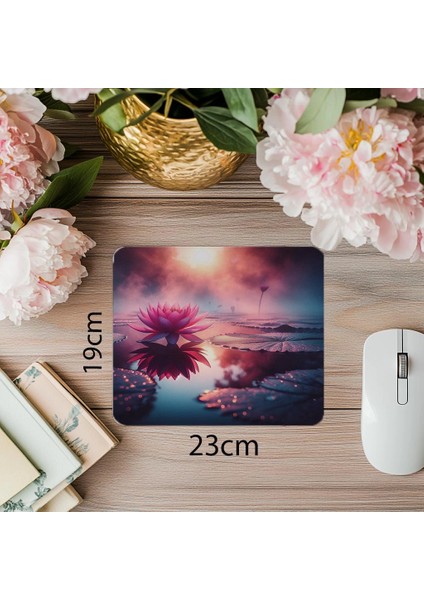 Pembe Lotus Çiçeği Temalı Mousepad - 19X23 cm 2 mm Dikdörtgen Ithal Baskılı Mouse Pad