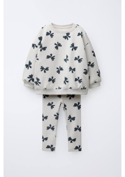 Kız Çocuk Kurdele Baskılı 3 Iplik Pamuklu Kumaş Sweatshirt ve Tayt Alt Üst Takım