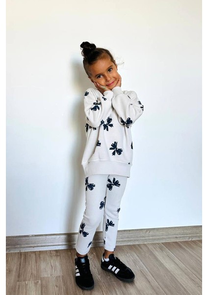 Kız Çocuk Kurdele Baskılı 3 Iplik Pamuklu Kumaş Sweatshirt ve Tayt Alt Üst Takım fiyatları