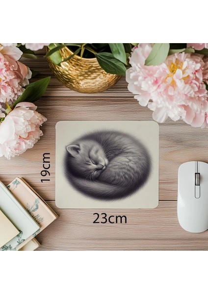 Gri Zeminli Yatmış Kedi Mouse Pad - 19X23 cm 2 mm Dikdörtgen Ithal Baskılı Mouse Pad