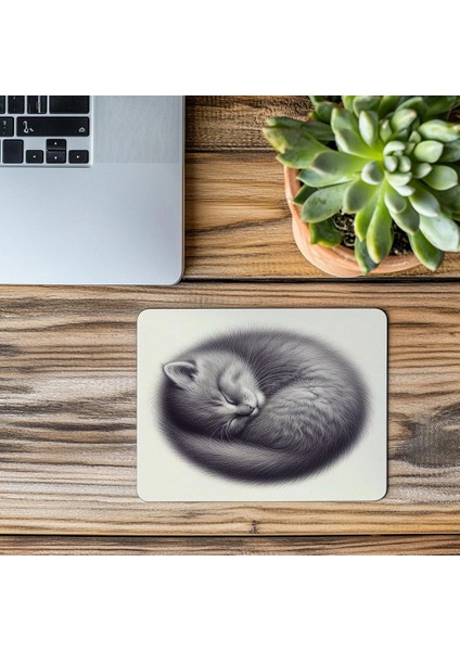 Gri Zeminli Yatmış Kedi Mouse Pad - 19X23 cm 2 mm Dikdörtgen Ithal Baskılı Mouse Pad modelleri