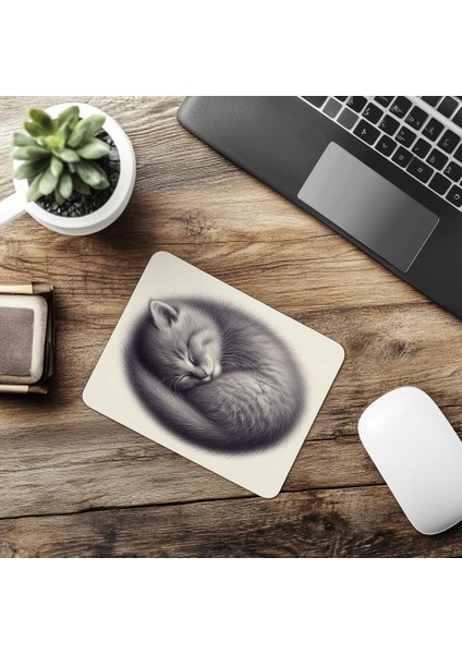 Gri Zeminli Yatmış Kedi Mouse Pad - 19X23 cm 2 mm Dikdörtgen Ithal Baskılı Mouse Pad