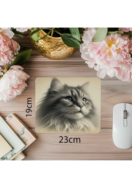 Bej Arka Planlı Karakalem Kedi Tasarımı - 19X23 cm 2 mm Dikdörtgen Ithal Baskılı Mouse Pad