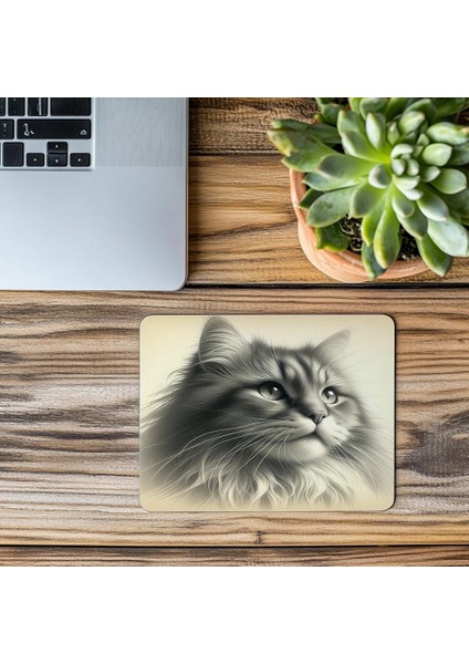 Bej Arka Planlı Karakalem Kedi Tasarımı - 19X23 cm 2 mm Dikdörtgen Ithal Baskılı Mouse Pad modelleri
