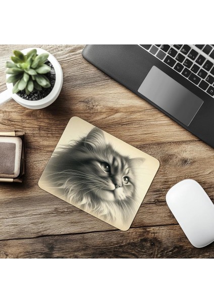 Bej Arka Planlı Karakalem Kedi Tasarımı - 19X23 cm 2 mm Dikdörtgen Ithal Baskılı Mouse Pad