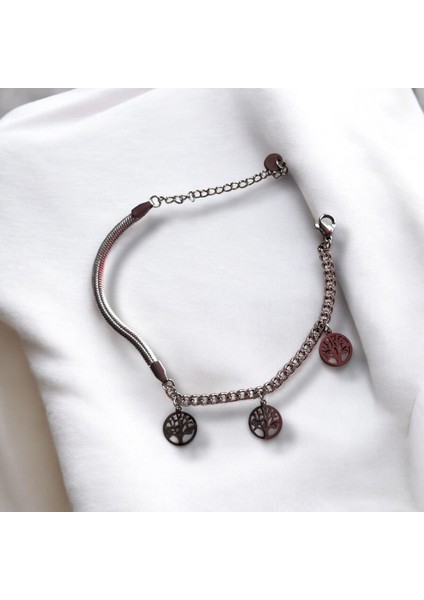 Mini Gümüş Renk Hayat Ağacı Figürlü Sallantılı Çelik Bileklik