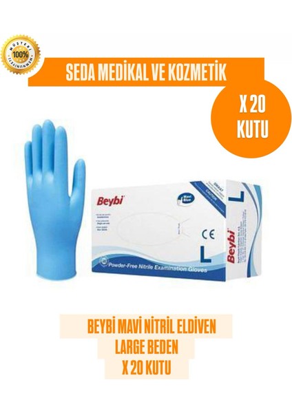 20 Kutu Pudrasız Mavi Nitril Muayene Eldiveni- Large Beden - 1 Koli