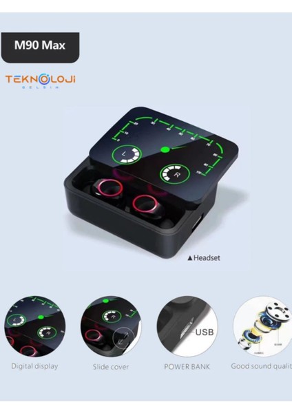 M90 Max Bluetooth Kulaklık Powerbankli Hız Göstergeli Mikrofonlu Kulak Içi Oyuncu Rgb Stereo V5.3