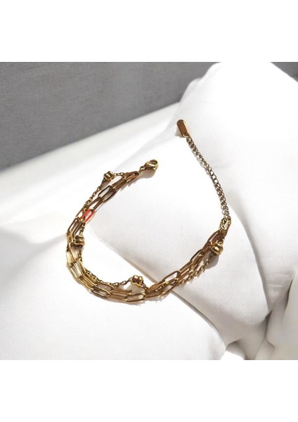 Üçlü Zincirli Gold Figürlü Çelik Bileklik