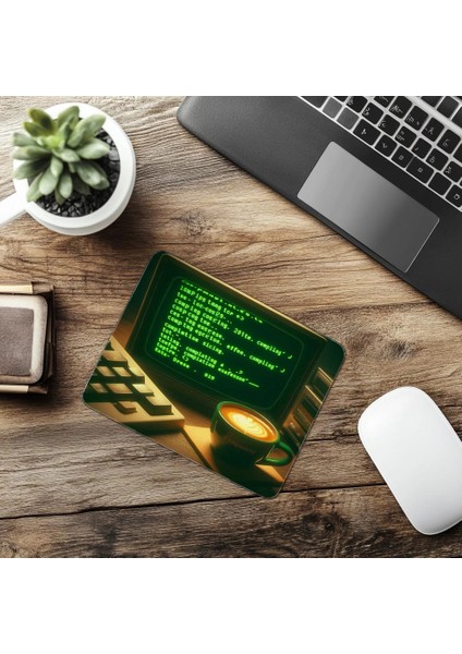 Yeşil Terminal Ekranı ve Espresso Mousepad - 19X23 cm 2 mm Dikdörtgen Ithal Baskılı Mouse Pad