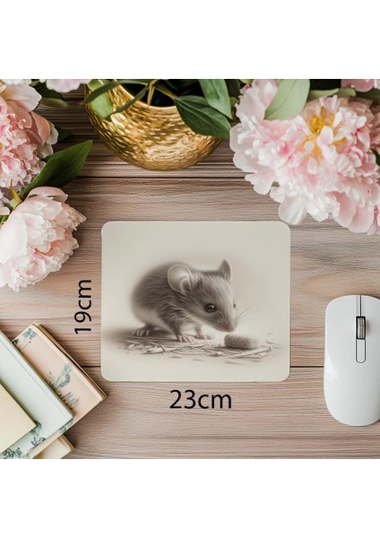 Gri Vinyet Zeminli Fare Portresi Mousepad - 19X23 cm 2 mm Dikdörtgen Ithal Baskılı Mouse Pad