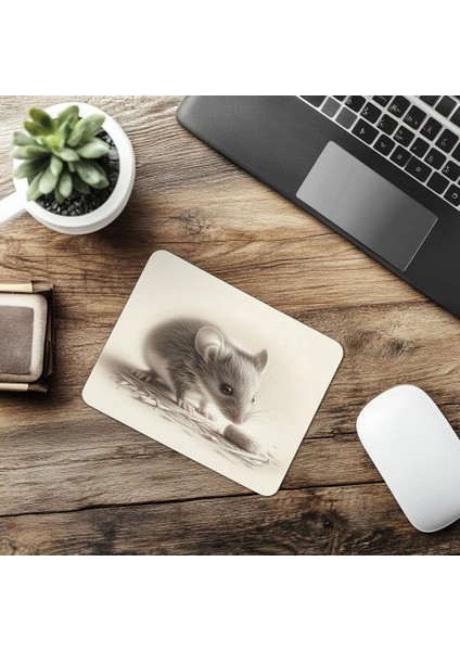 Gri Vinyet Zeminli Fare Portresi Mousepad - 19X23 cm 2 mm Dikdörtgen Ithal Baskılı Mouse Pad