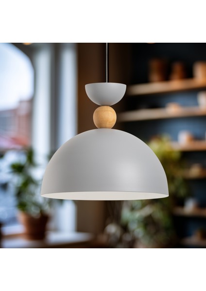 Stellara Ahşap Boncuk Detaylı Tekli Sarkıt Aydınlatma, Metal Sıvama, Ev, Ofis, Cafe, Restoran Avizeleri, E27 Duy