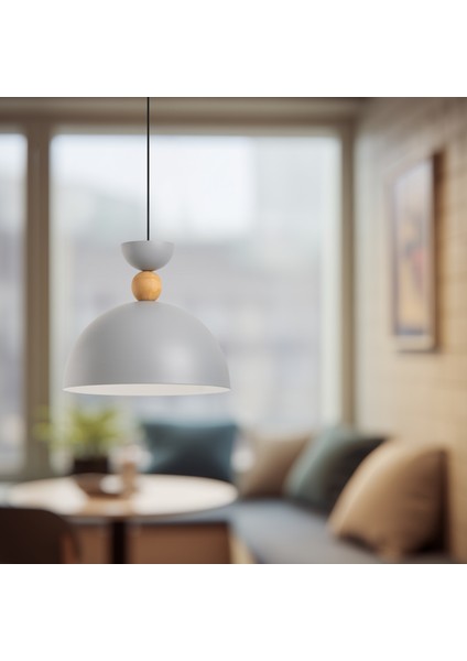 Stellara Ahşap Boncuk Detaylı Tekli Sarkıt Aydınlatma, Metal Sıvama, Ev, Ofis, Cafe, Restoran Avizeleri, E27 Duy