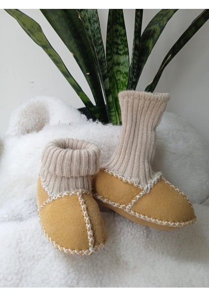 Bebek Unisex Organik Kuzu Derisi Ilk Adım Ayakkabısı Çoraplı Panduf Patik Hardal Sarısı