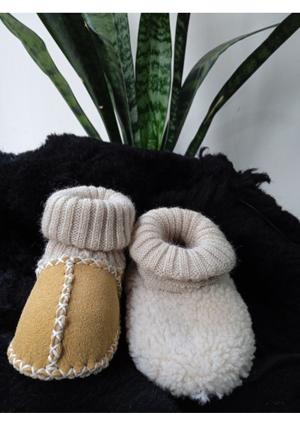 Bebek Unisex Organik Kuzu Derisi Ilk Adım Ayakkabısı Çoraplı Panduf Patik Hardal Sarısı fiyatları