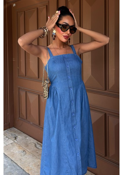 Kadın Kot Mavi Tencel Korsaj Detaylı Midi Elbise fiyatları