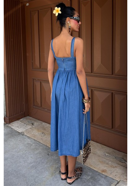 Kadın Kot Mavi Tencel Korsaj Detaylı Midi Elbise fırsatları