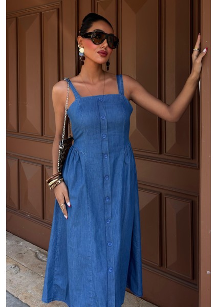 Kadın Kot Mavi Tencel Korsaj Detaylı Midi Elbise indirimleri