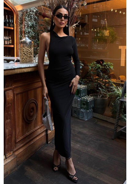 Kadın Siyah Tek Kol Candy Kumaş Uzun Elbise