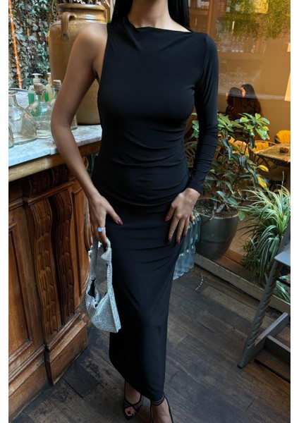 Kadın Siyah Tek Kol Candy Kumaş Uzun Elbise fiyatları