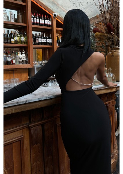 Kadın Siyah Tek Kol Candy Kumaş Uzun Elbise modelleri