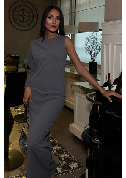 Kadın Antrasit Dokuma Tek Kol Uzun Elbise fiyatları