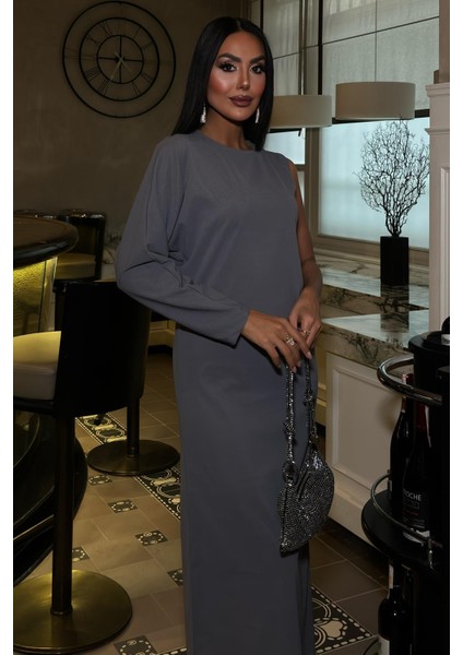 Kadın Antrasit Dokuma Tek Kol Uzun Elbise indirimleri