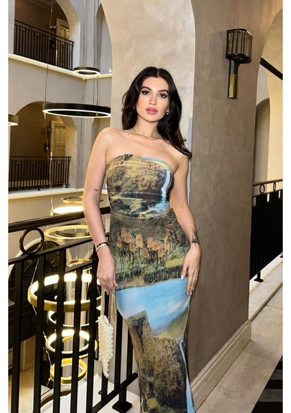 Kadın Multi Desenli Polyester Straplez Uzun Elbise fırsatları