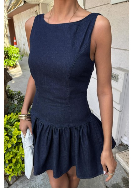 Kadın Kot Mavi Tencel Mini Kolsuz Elbise modelleri