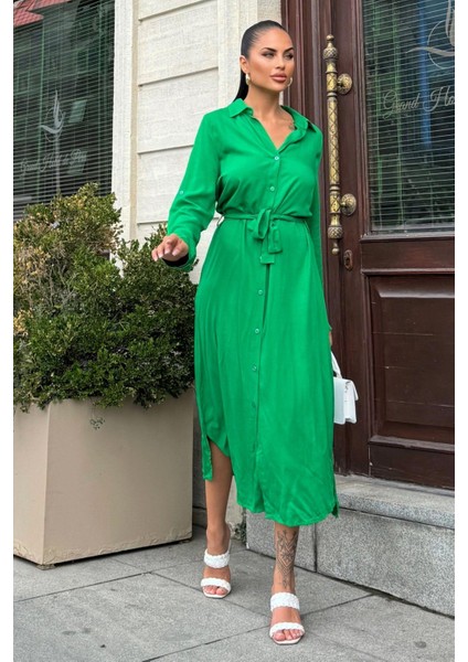 Yeşil Kuşaklı Viskon Gömlek Elbise