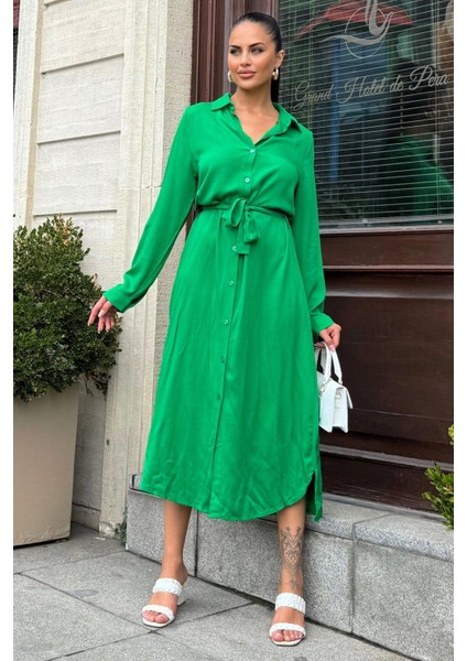 Yeşil Kuşaklı Viskon Gömlek Elbise fiyatları