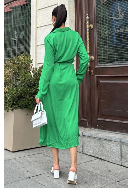Yeşil Kuşaklı Viskon Gömlek Elbise modelleri