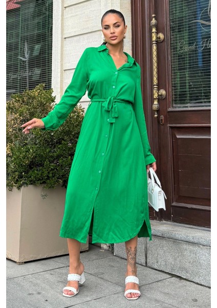 Yeşil Kuşaklı Viskon Gömlek Elbise indirimleri