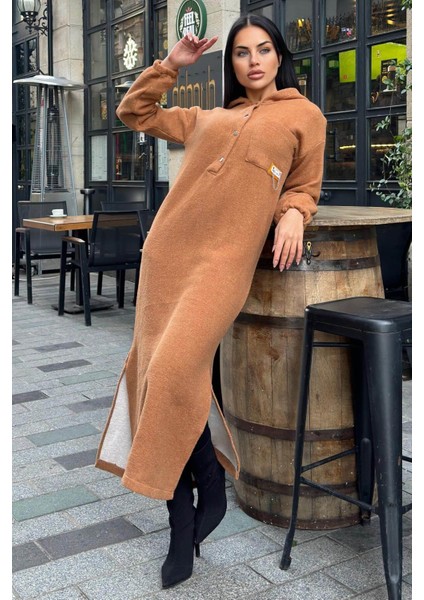 Taba Çift Taraflı Kapüşonlu, Yırttmaç Detaylı, Duble Yumoş Kaşe Uzun Elbise