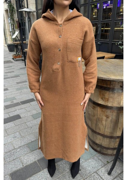 Taba Çift Taraflı Kapüşonlu, Yırttmaç Detaylı, Duble Yumoş Kaşe Uzun Elbise fiyatları