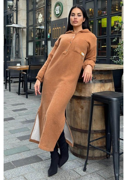 Taba Çift Taraflı Kapüşonlu, Yırttmaç Detaylı, Duble Yumoş Kaşe Uzun Elbise modelleri