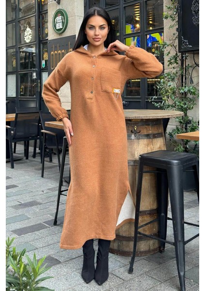 Taba Çift Taraflı Kapüşonlu, Yırttmaç Detaylı, Duble Yumoş Kaşe Uzun Elbise fırsatları