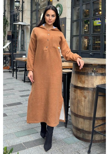 Taba Çift Taraflı Kapüşonlu, Yırttmaç Detaylı, Duble Yumoş Kaşe Uzun Elbise indirimleri