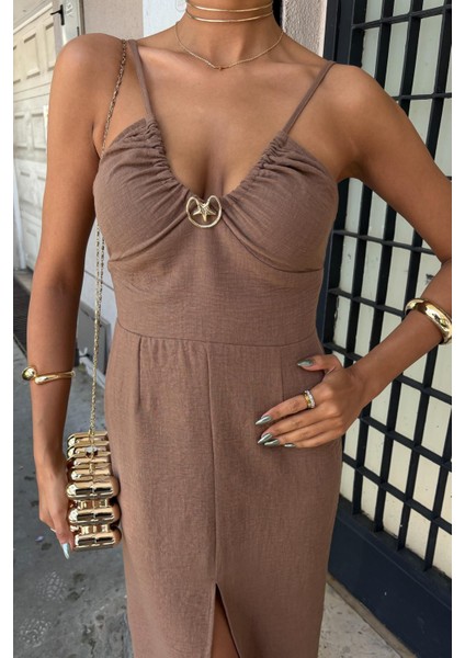 Kadın Kahverengi Keten Midi Göğsü Aksesuarlı Elbise indirimleri