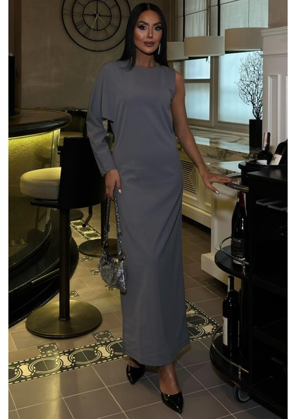 Kadın Antrasit Dokuma Tek Kol Uzun Elbise