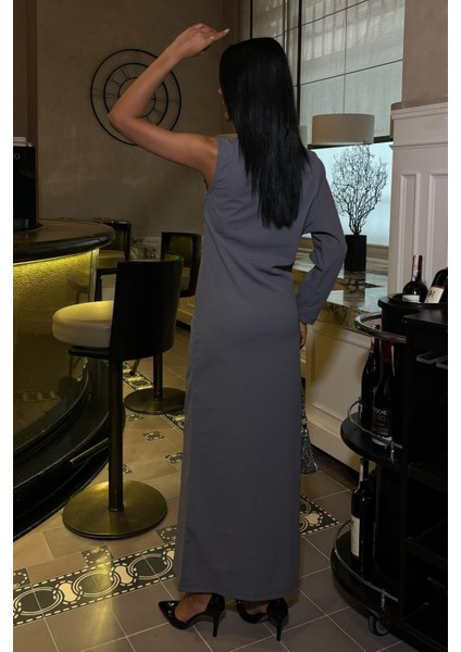 Kadın Antrasit Dokuma Tek Kol Uzun Elbise fırsatları