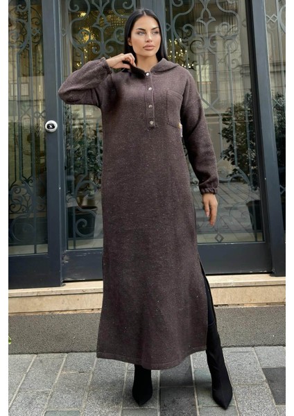 Kahverengi Çift Taraflı Kapüşonlu, Yırttmaç Detaylı, Duble Yumoş Kaşe Uzun Elbise